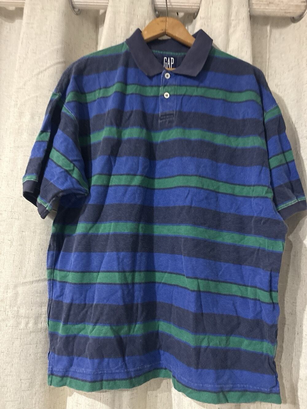 VTG Gap Polo Shirt Men's M Blue Green Stripe Pique Cotton Preppy Streetwear 90s
